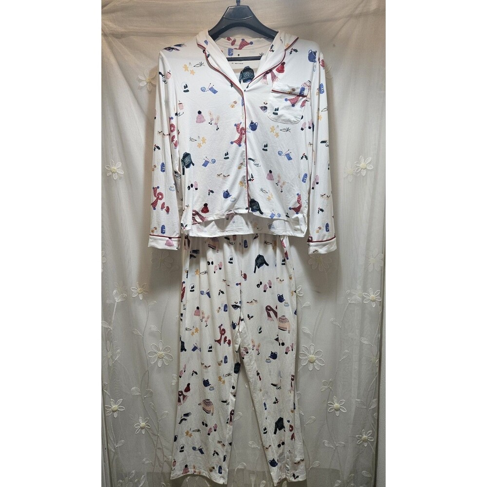 Kate Spade Womens XL White Pajama Set Holiday Lounge Whimsical Winter Wonderland